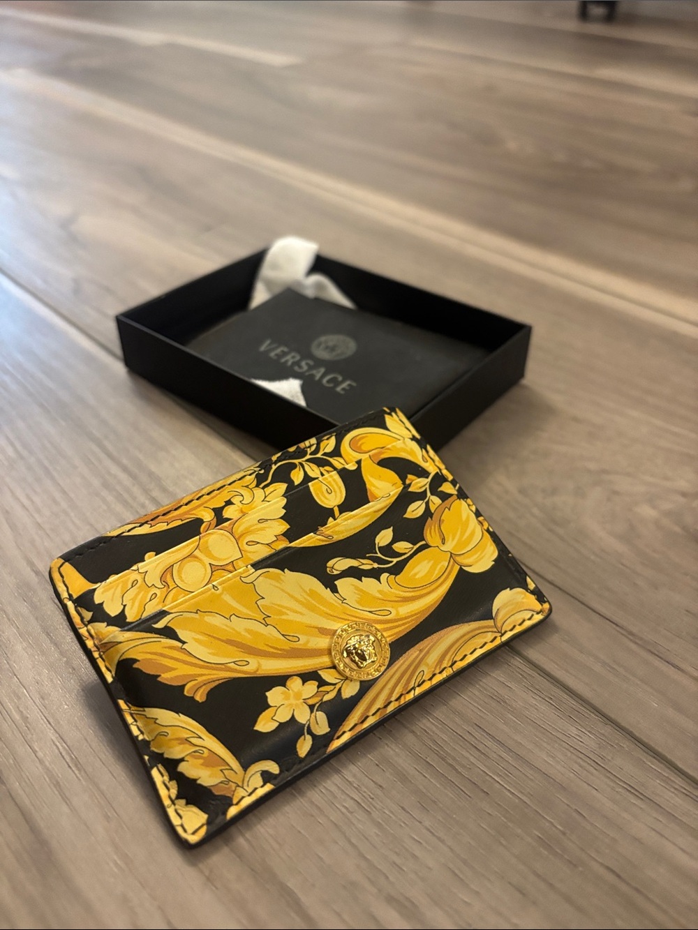 Versace Black & Yellow Baroque Card Wallet Holder with Gold Medusa Button